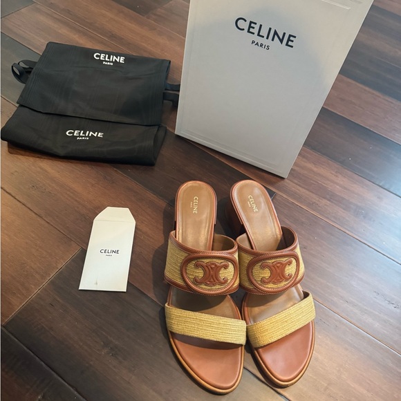 Celine Triomphe Leather & Raffia Mule Sandals - Picture 1 of 6